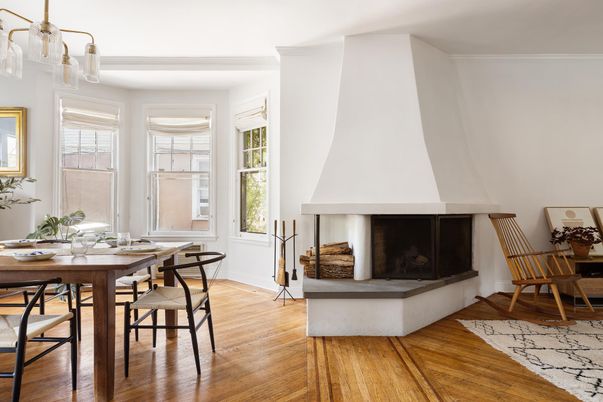 Dining room, Fireplace, Interior, Wood Texture Flooring
