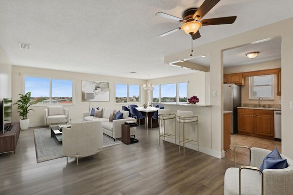 Chandelier, Dining room, Interior, Kitchen, Living room, Stainless Steel Appliances, Wood Texture Flooring