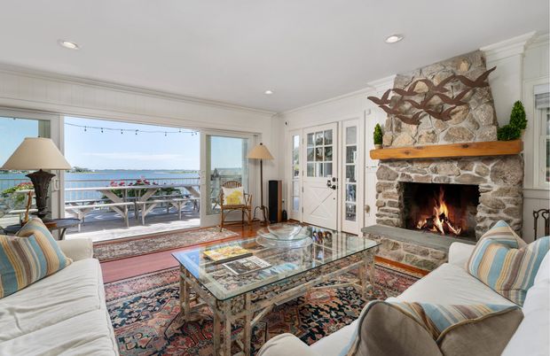 Fireplace, Interior, Living room, Recessed Lighting, Stone Walls, Water