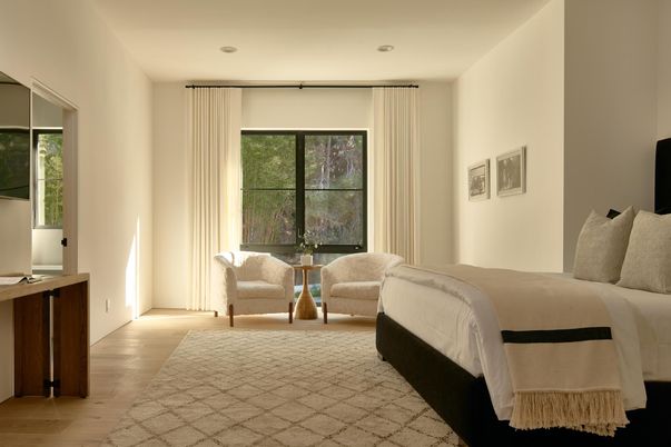 Bedroom, Interior, Recessed Lighting, Wood Texture Flooring