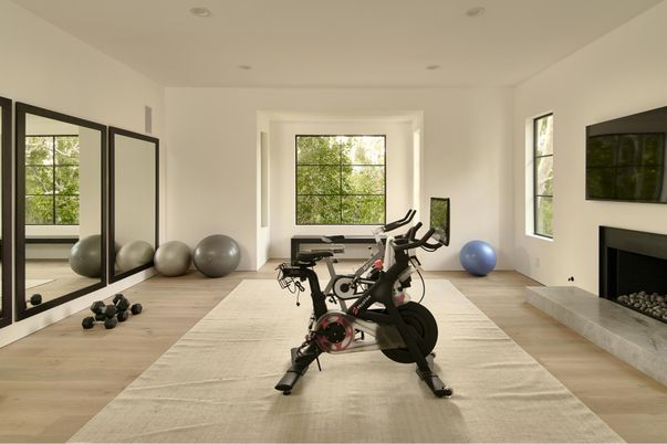 Fireplace, Fitness Equipment, Interior, Recessed Lighting, Wood Texture Flooring