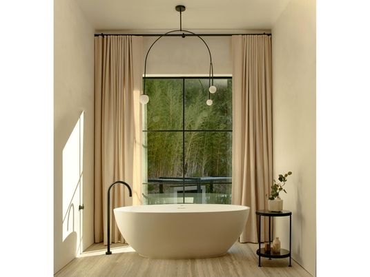 Bathroom, Free Standing Baths, Interior, Pendant Lights, Wood Texture Flooring