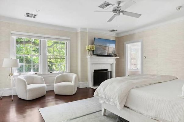 Bedroom, Fireplace, Interior, Wood Texture Flooring