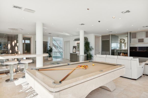 Billiard Table, Fireplace, Game Room, Interior, Living room, Pendant Lights, Recessed Lighting