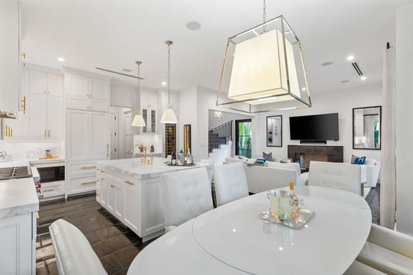 Dining room, Interior, Kitchen, Living room, Pendant Lights, Recessed Lighting, Stainless Steel Appliances, Wood Texture Flooring