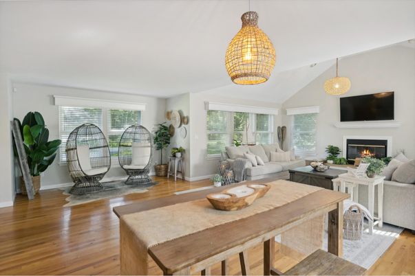 Dining room, Fireplace, Interior, Living room, Pendant Lights, Wood Texture Flooring