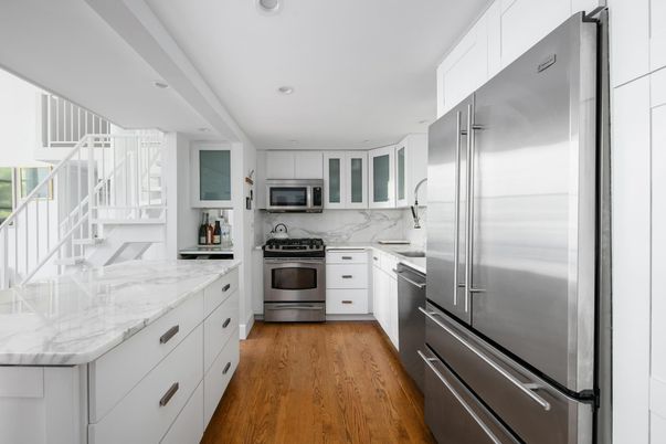 Interior, Kitchen, Recessed Lighting, Stainless Steel Appliances, Wood Texture Flooring