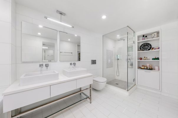 Bathroom, Dual Sink Vanities, Glass Shower, Interior, Recessed Lighting