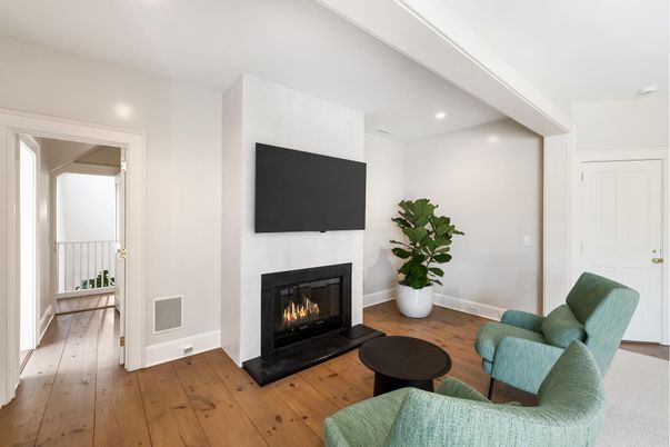 Fireplace, Interior, Recessed Lighting, Wood Texture Flooring