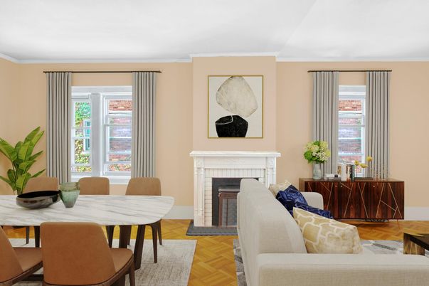 Dining room, Fireplace, Interior, Living room, Wood Texture Flooring