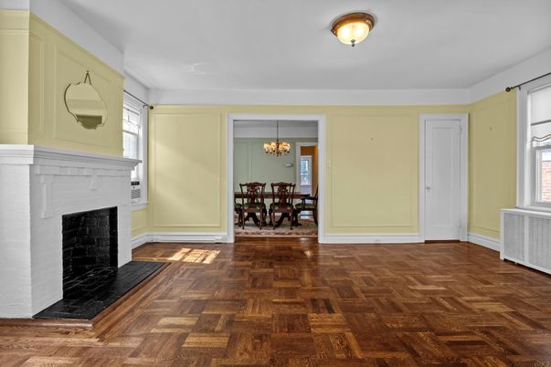 Chandelier, Dining room, Fireplace, Interior, Wood Texture Flooring