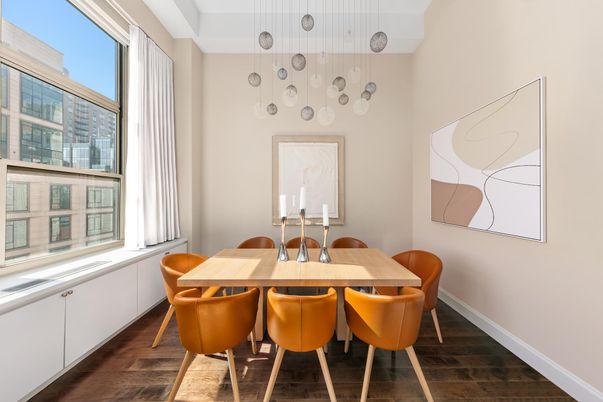 Dining room, Interior, Pendant Lights, Wood Texture Flooring
