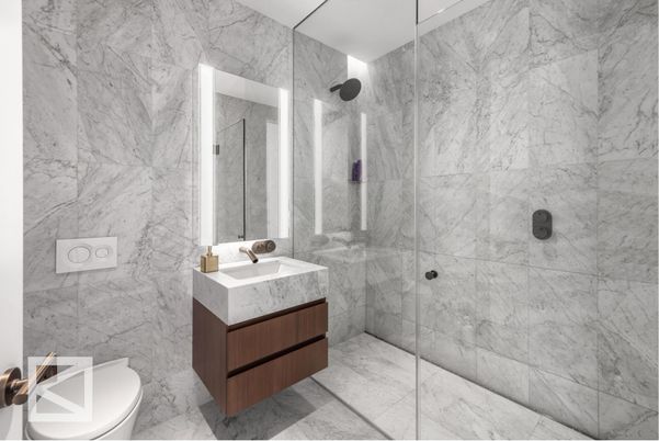 Bathroom, Glass Shower, Interior, Marble Walls