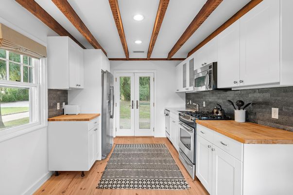 Interior, Kitchen, Recessed Lighting, Stainless Steel Appliances, Wooden Beams, Wood Texture Flooring