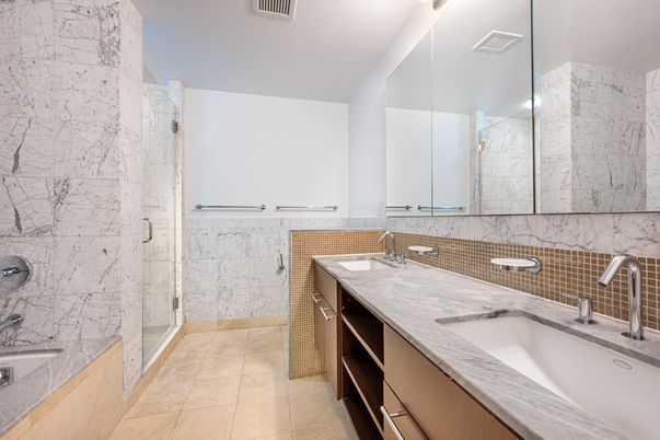 Bathroom, Dual Sink Vanities, Glass Shower, Interior, Marble Walls