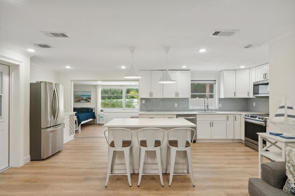 Interior, Kitchen, Pendant Lights, Recessed Lighting, Stainless Steel Appliances, Wood Texture Flooring