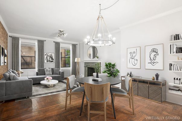 Dining room, Fireplace, Interior, Living room, Pendant Lights, Wood Texture Flooring