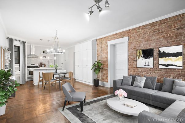 Dining room, Interior, Kitchen, Living room, Pendant Lights, Stainless Steel Appliances, Stone Walls, Wood Texture Flooring