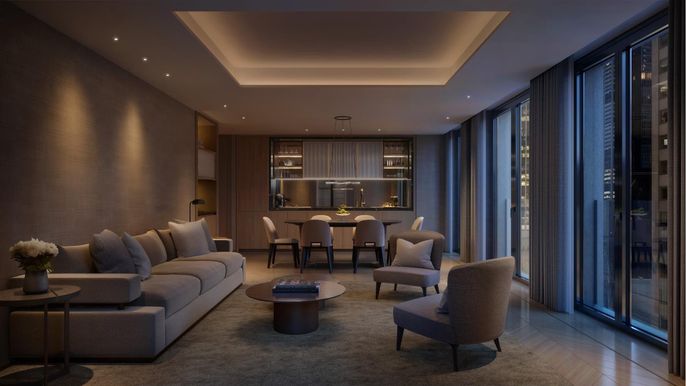Dining room, Interior, Kitchen, Living room, Recessed Lighting, Stainless Steel Appliances