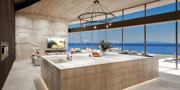Fireplace, Interior, Living room, Pendant Lights, Stone Walls, Water