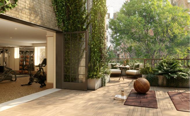 Fitness Equipment, Interior, Recessed Lighting, Stone Walls, Wood Texture Flooring