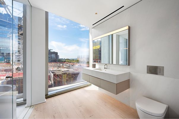 Bathroom, Interior, Recessed Lighting, Wood Texture Flooring