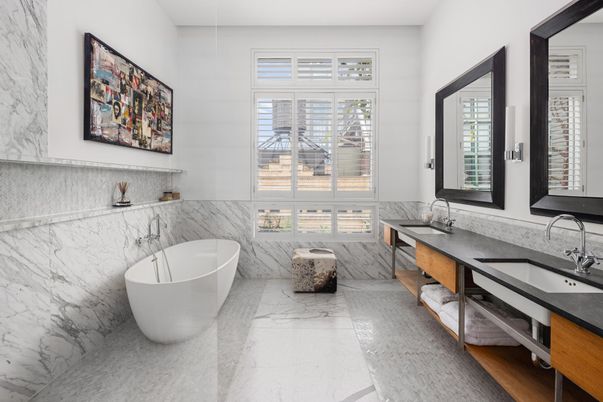 Bathroom, Dual Sink Vanities, Free Standing Baths, Interior, Marble, Marble Walls