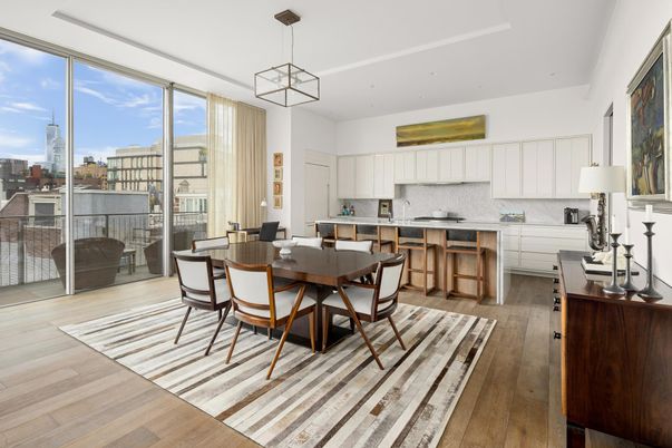 Dining room, Interior, Kitchen, Pendant Lights, Wood Texture Flooring