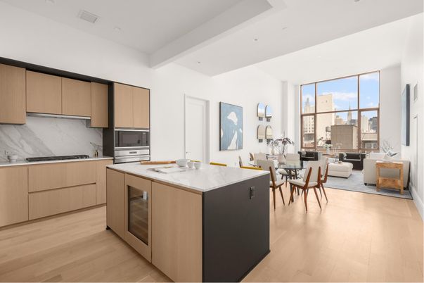 Dining room, Interior, Kitchen, Living room, Marble Walls, Recessed Lighting, Stainless Steel Appliances, Wood Texture Flooring