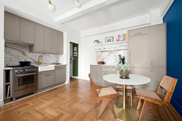 Dining room, Interior, Kitchen, Marble Walls, Stainless Steel Appliances, Wood Texture Flooring
