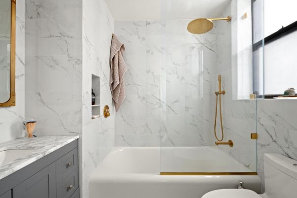 Bathroom, Glass Shower, Interior, Marble Walls