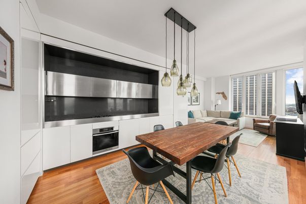 Dining room, Interior, Kitchen, Living room, Pendant Lights, Stainless Steel Appliances, Wood Texture Flooring