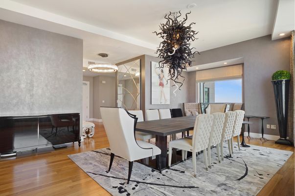 Dining room, Interior, Recessed Lighting, Wood Texture Flooring