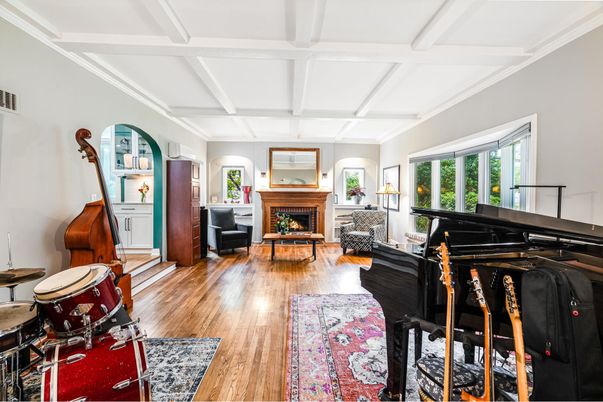 Fireplace, Interior, Living room, Piano, Wood Texture Flooring