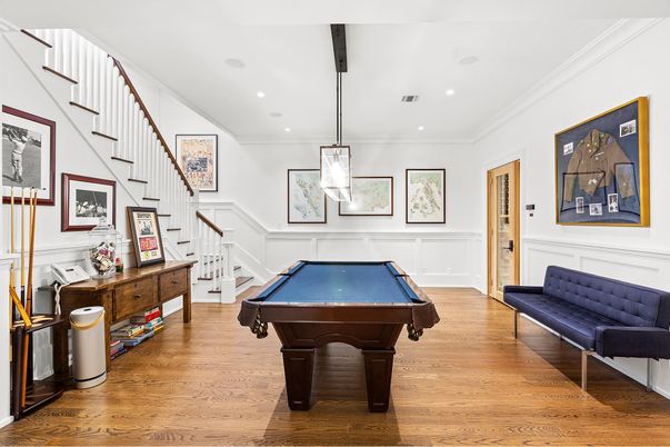 Billiard Table, Game Room, Interior, Pendant Lights, Recessed Lighting, Wood Texture Flooring