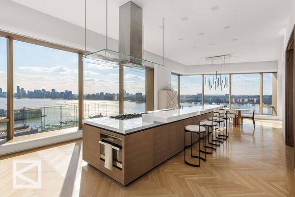 Dining room, Interior, Kitchen, Pendant Lights, Recessed Lighting, Water, Wood Texture Flooring
