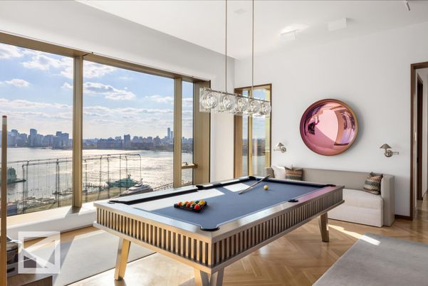 Billiard Table, Game Room, Interior, Pendant Lights, Water, Wood Texture Flooring