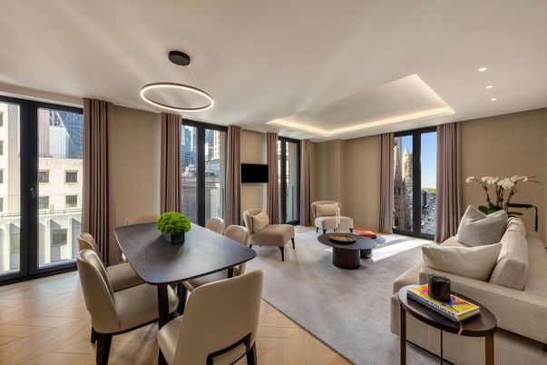 Dining room, Interior, Living room, Pendant Lights, Recessed Lighting, Wood Texture Flooring
