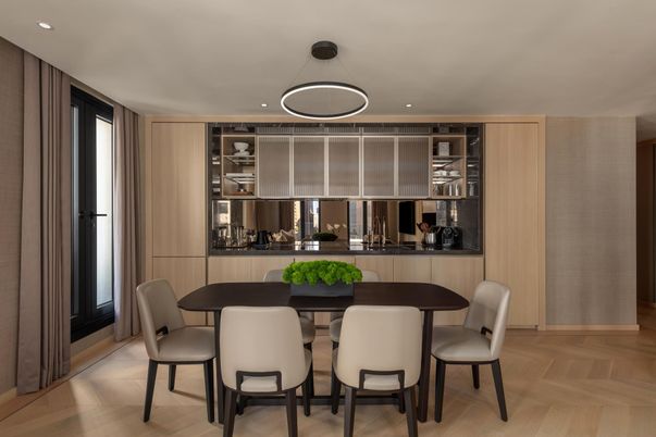 Dining room, Interior, Pendant Lights, Recessed Lighting, Wood Texture Flooring