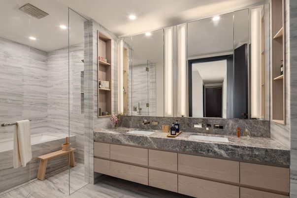 Bathroom, Dual Sink Vanities, Glass Shower, Interior, Marble, Marble Walls, Recessed Lighting