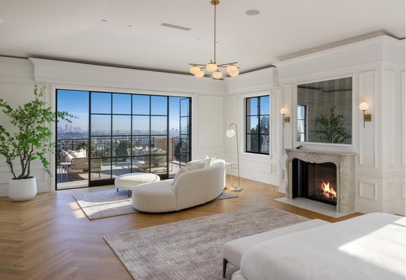 Bedroom, Fireplace, Interior, Living room, Pendant Lights, Wood Texture Flooring