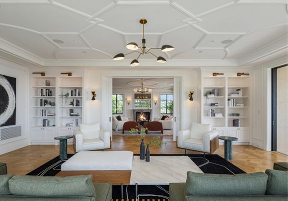 Fireplace, Interior, Living room, Pendant Lights, Recessed Lighting, Wood Texture Flooring