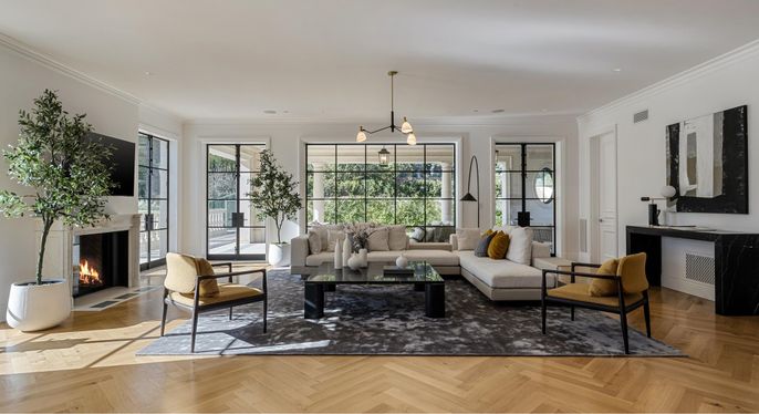 Fireplace, Interior, Living room, Pendant Lights, Recessed Lighting, Wood Texture Flooring