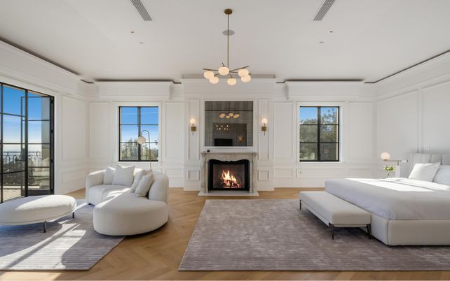 Bedroom, Fireplace, Interior, Pendant Lights, Recessed Lighting, Wood Texture Flooring