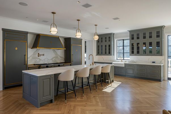 Interior, Kitchen, Marble Walls, Pendant Lights, Recessed Lighting, Wood Texture Flooring