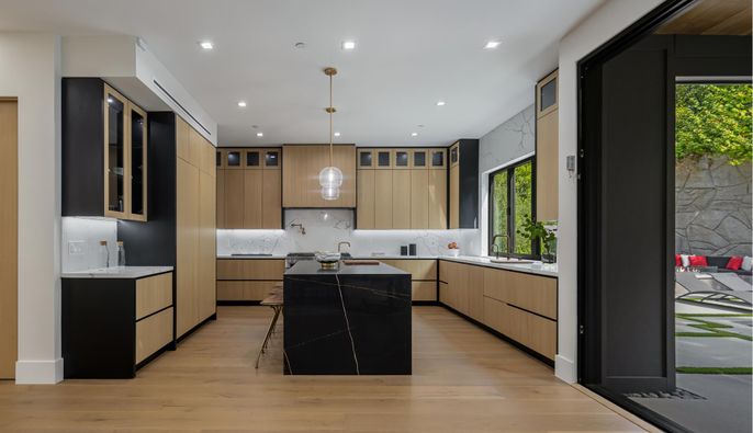 Interior, Kitchen, Marble Walls, Pendant Lights, Recessed Lighting, Wood Texture Flooring