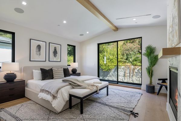 Bedroom, Fireplace, Interior, Recessed Lighting, Wooden Beams, Wood Texture Flooring
