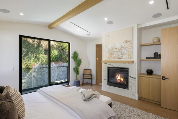 Bedroom, Fireplace, Interior, Recessed Lighting, Wooden Beams, Wood Texture Flooring