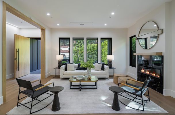 Fireplace, Interior, Living room, Recessed Lighting, Wood Texture Flooring