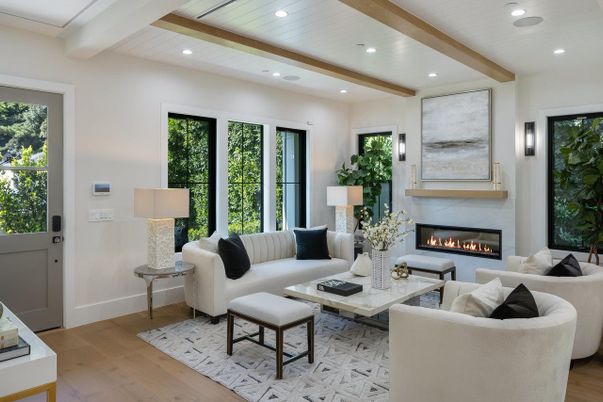 Fireplace, Interior, Living room, Recessed Lighting, Wooden Beams, Wood Texture Flooring